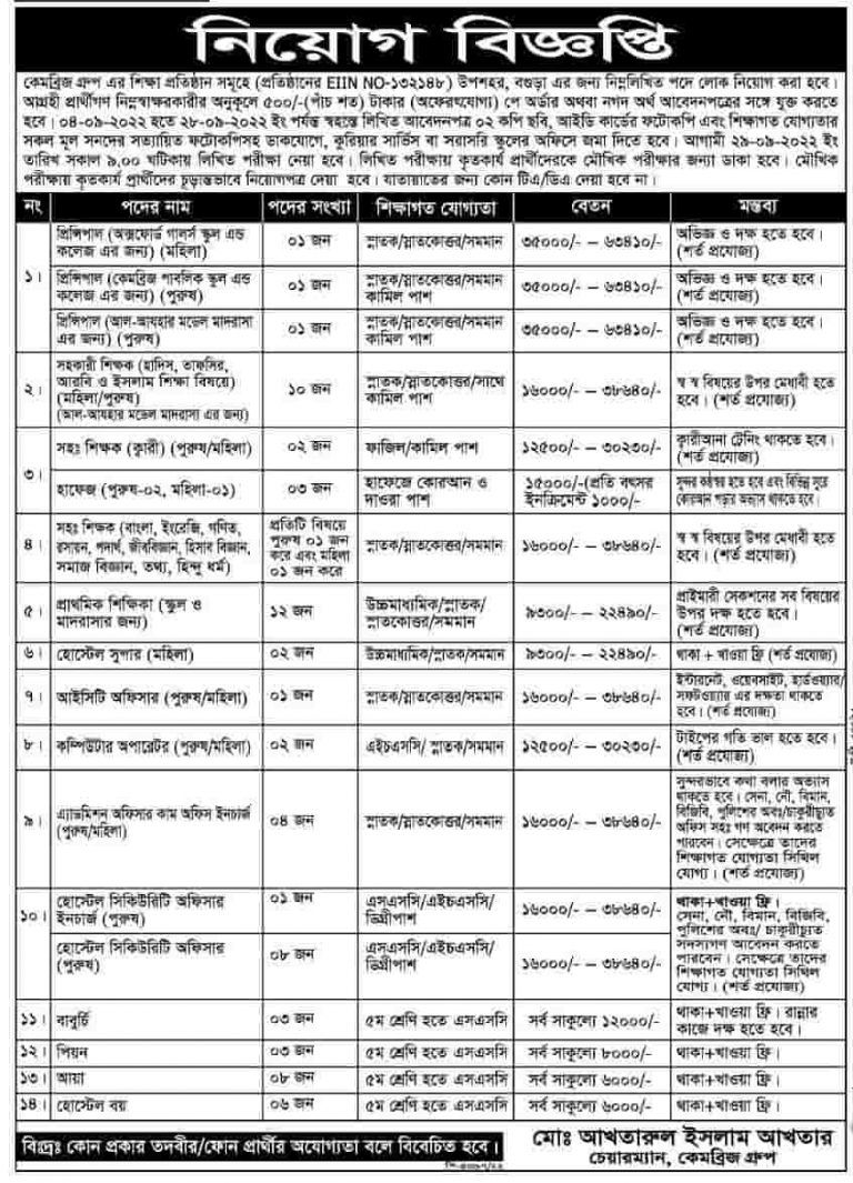 Cambridge Public School & College job Circular Bogura Jobs