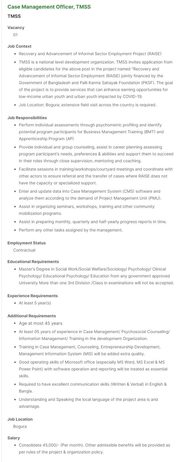 Case Management Officer, TMSS