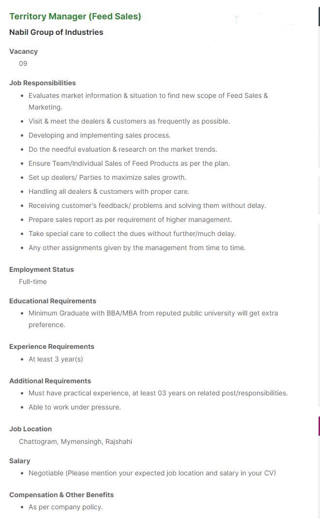 Territory Manager (Feed Sales) Nabil Group of Industries